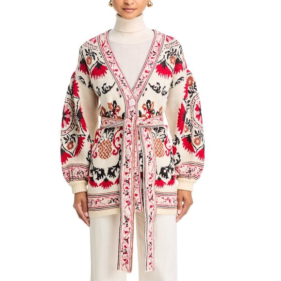 FARM RIO Cashew Mandala Belted Knit Cardigan, Cream/Red/Black, Size M, NWT - Picture 6 of 13